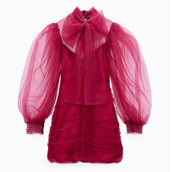 ZARA Tulle Swiss Dot Puff Sleeve Ruche Mini Dress Valentines Day Stunner 💋 - Picture 5 of 9